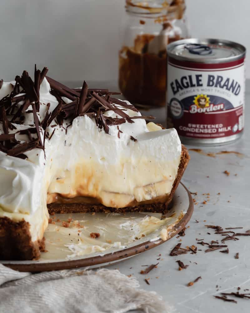 Banoffee Banana Cream Pie with Dulce de Leche Caramel Layer, Whipped Cream and Chocolate Curls